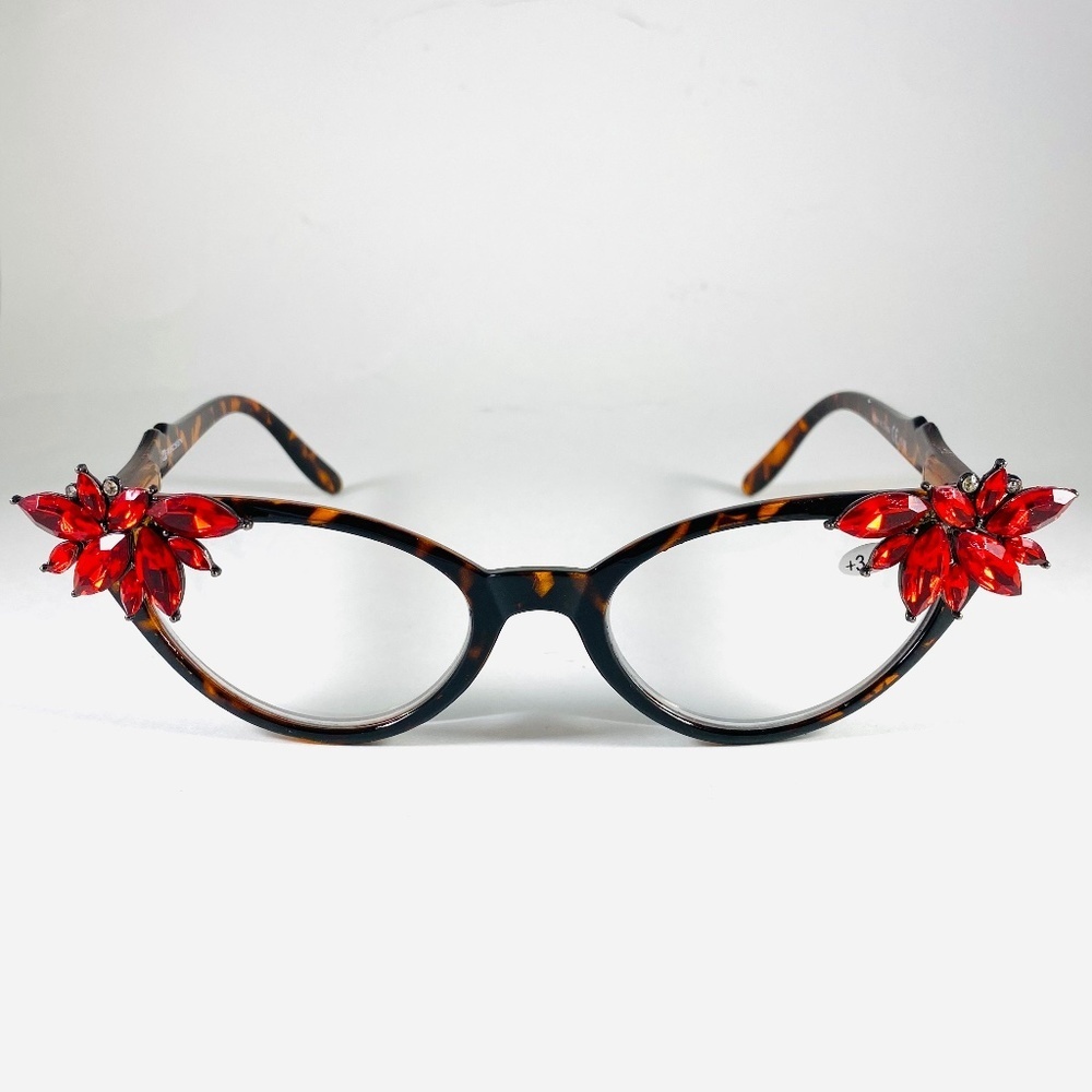 Vintage Vixen tortoise frames with Cherry Red rhinestones +3.00 reading glasses